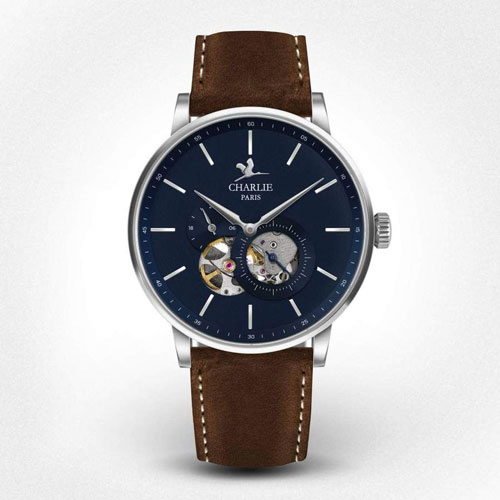 Montre Automatique Charlie Initial Coeur Ouvert Cadran Bleu