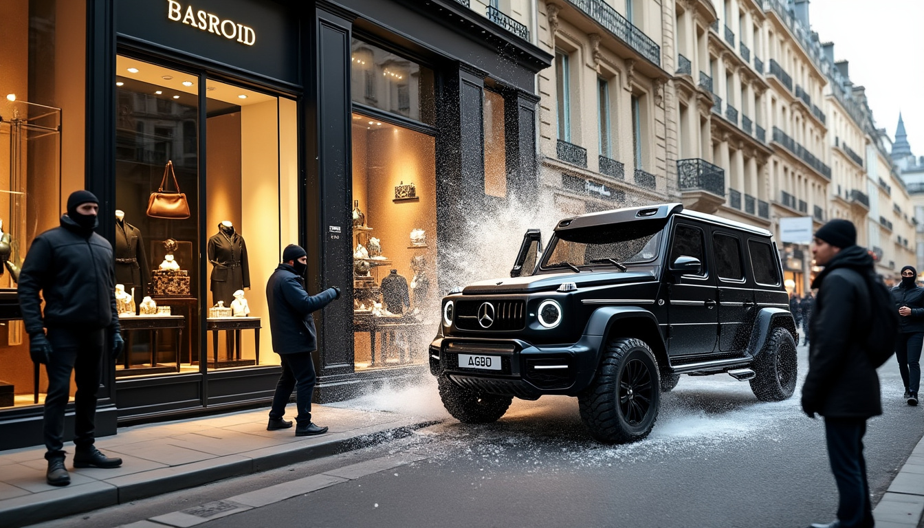 un braquage spectaculaire à la voiture-bélier secoue une boutique de luxe à paris, avec un préjudice estimé à 500 000 euros.
